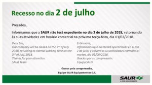 Recesso no dia 02 de julho