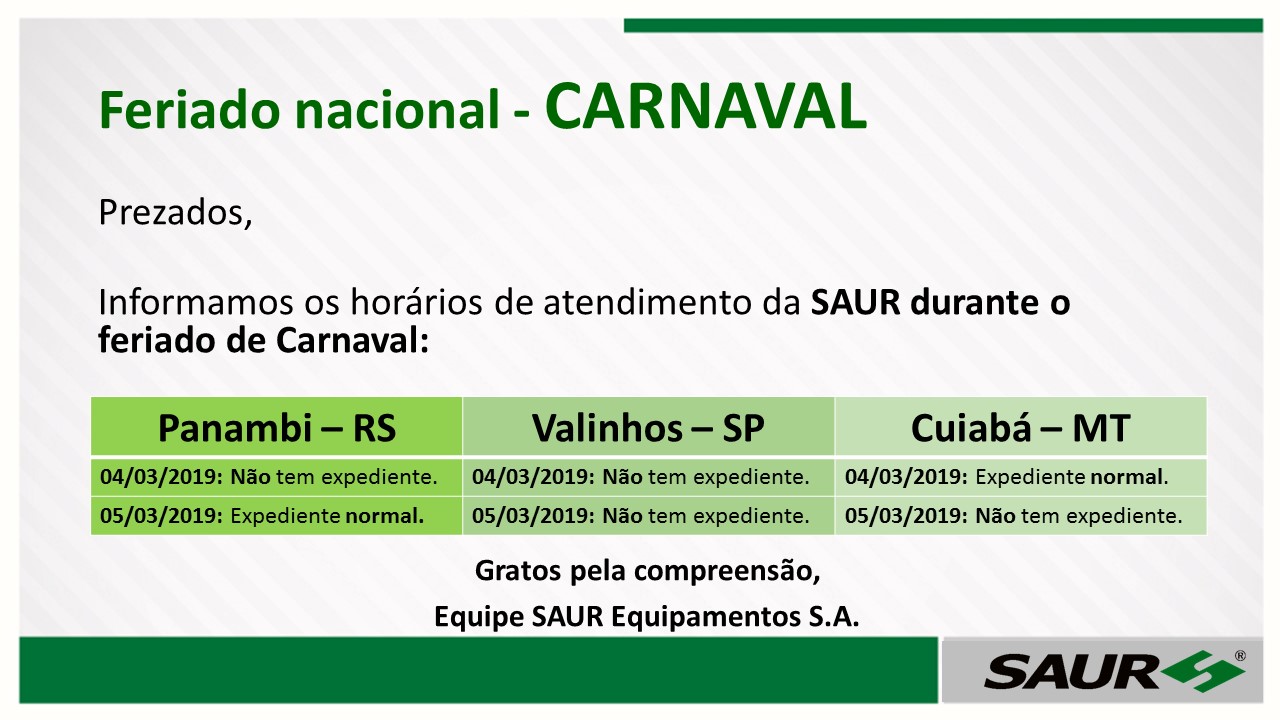 Horários de atendimento da SAUR durante o feriado de Carnaval