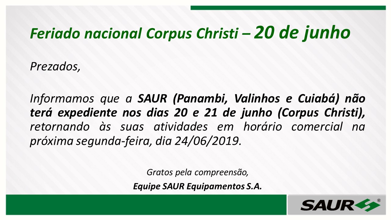 Feriado de Corpus Christi – 20 de junho