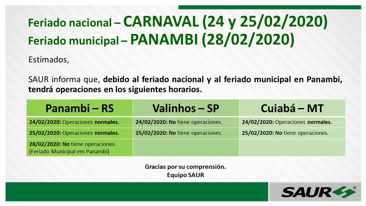 Atendimento no CARNAVAL e Feriado Municipal em PANAMBI