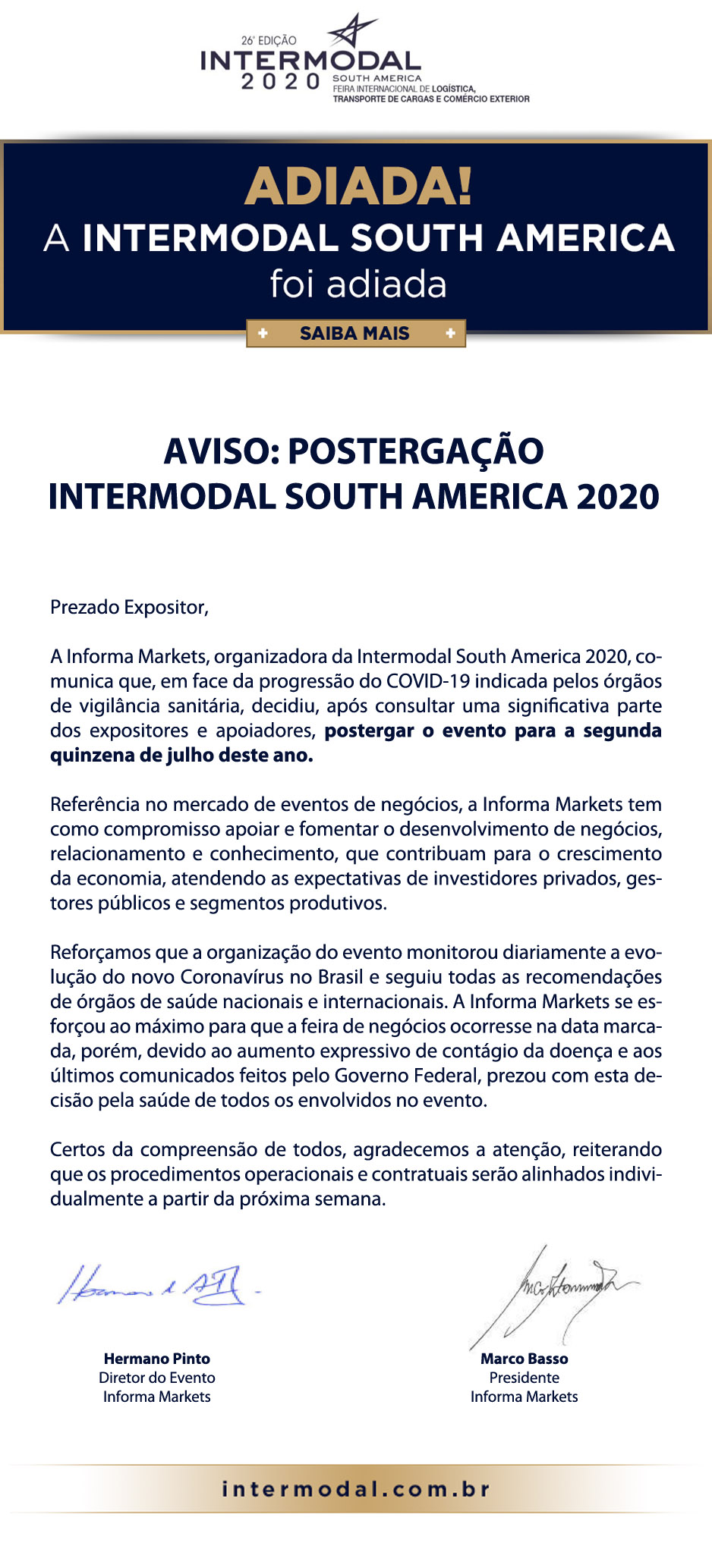 INTERMODAL SOUTH AMERICA 2020 é postergada para segunda quinzena de julho
