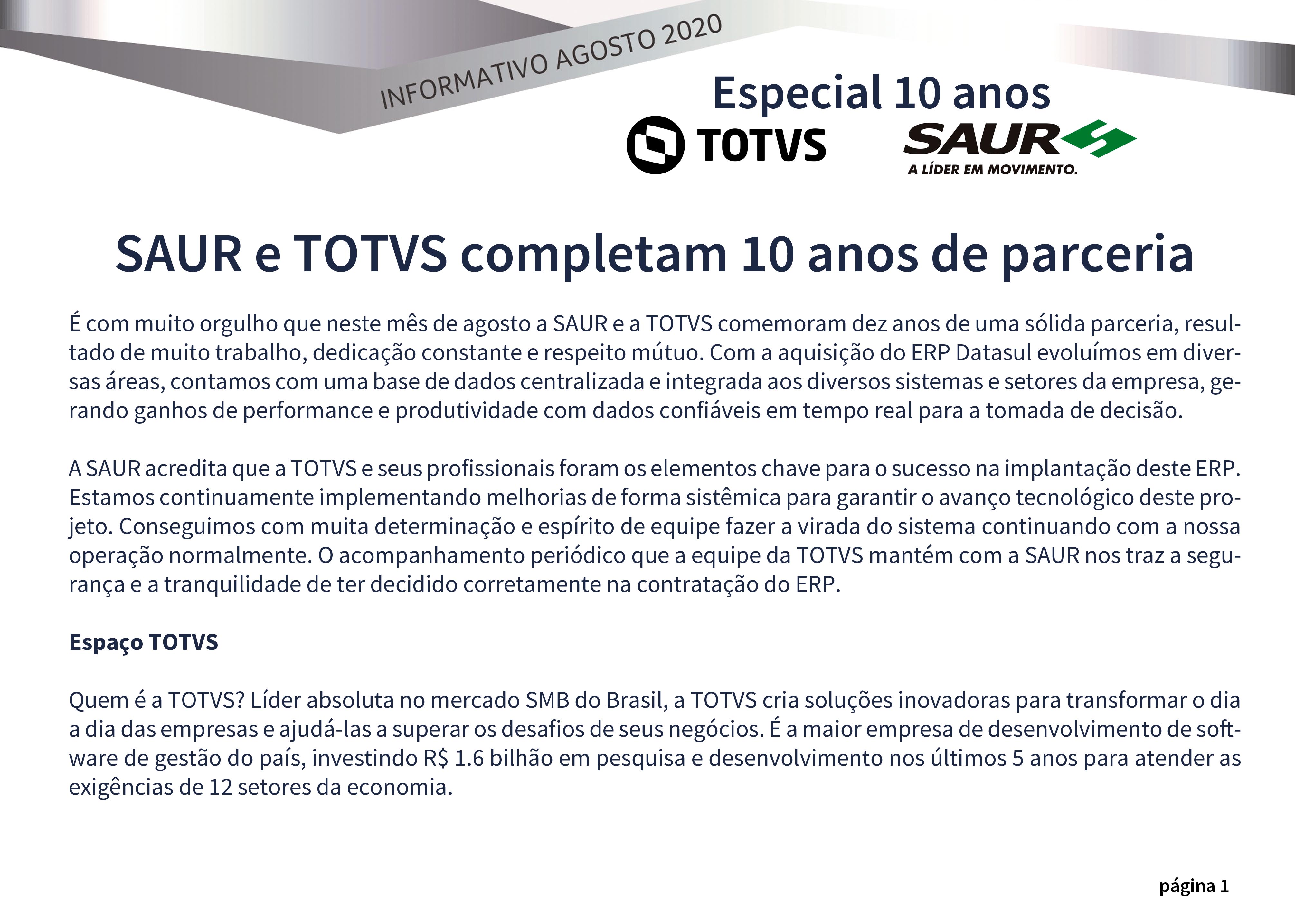 SAUR e TOTVS completam 10 anos de parceria