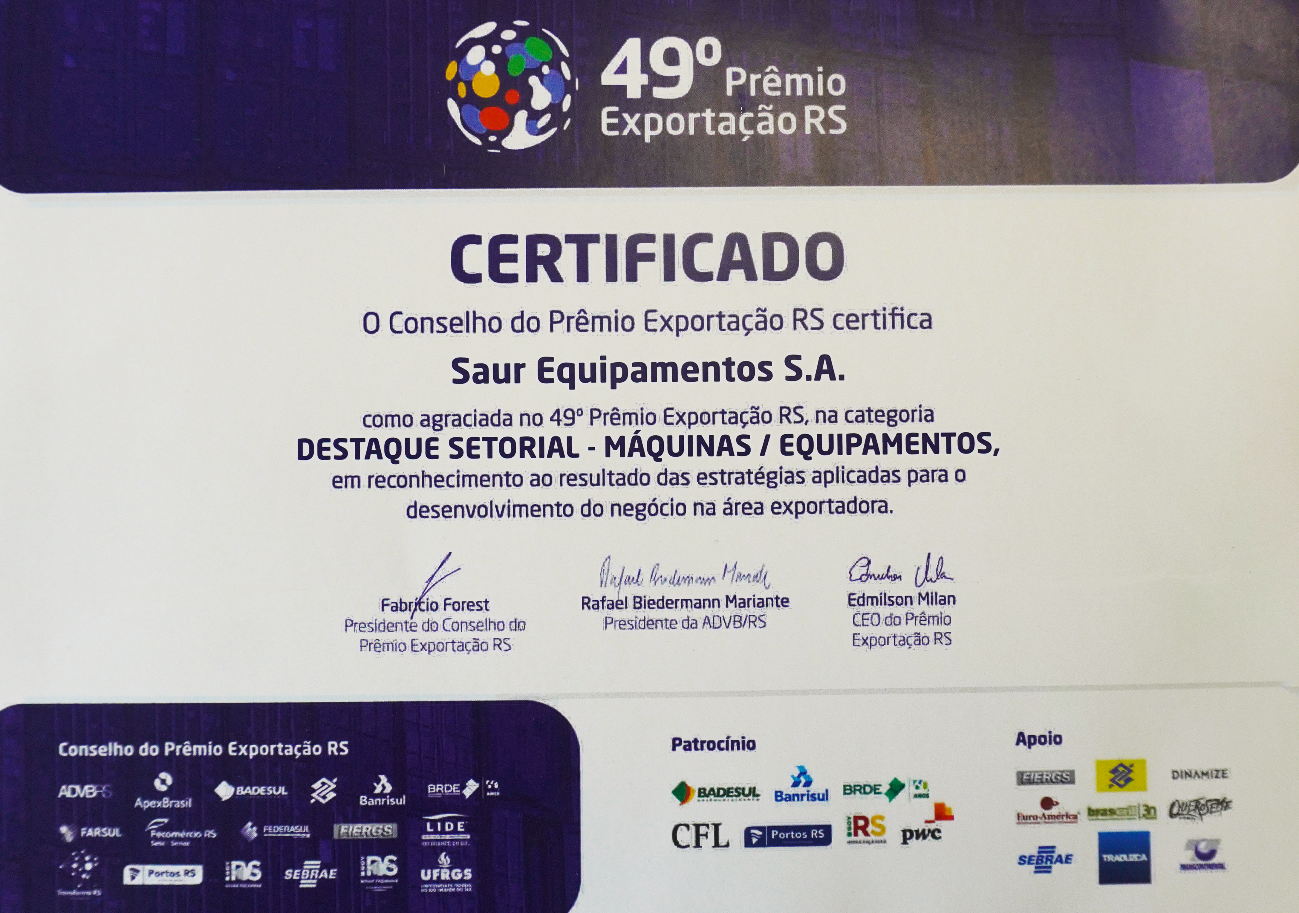 SAUR é vencedora do 49º Prêmio Exportação RS